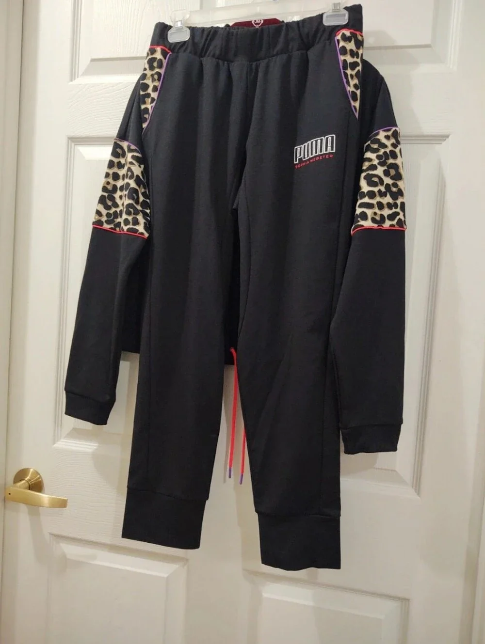 Sophia Webster Black PUMA Sweatshirt/Pant with Leopard Accent and Pink Piping - Picture 4 of 13